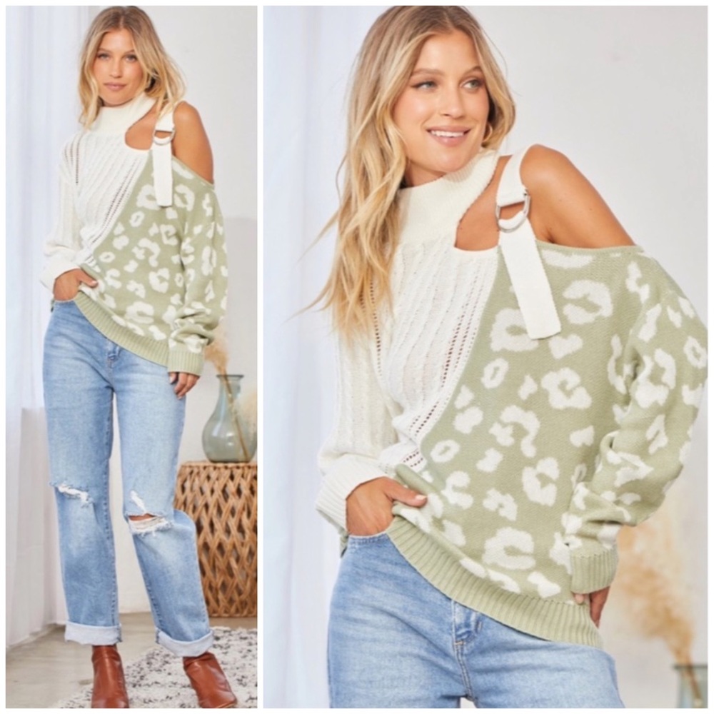 SOLD OUT Sage Leopard Print Cable Knit Long Sleeve Cold Shoulder Buckle Sweater - Picture 1 of 6